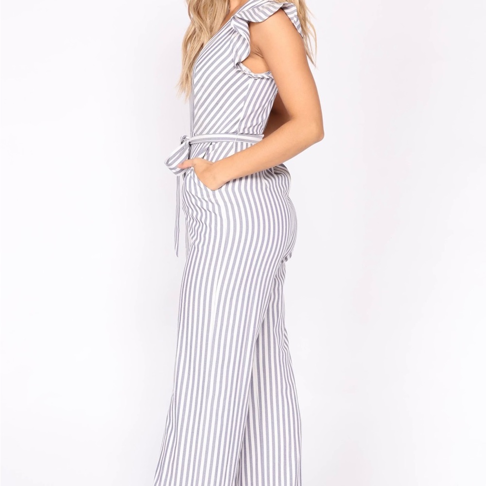 Blue and White striped jumpsuit.